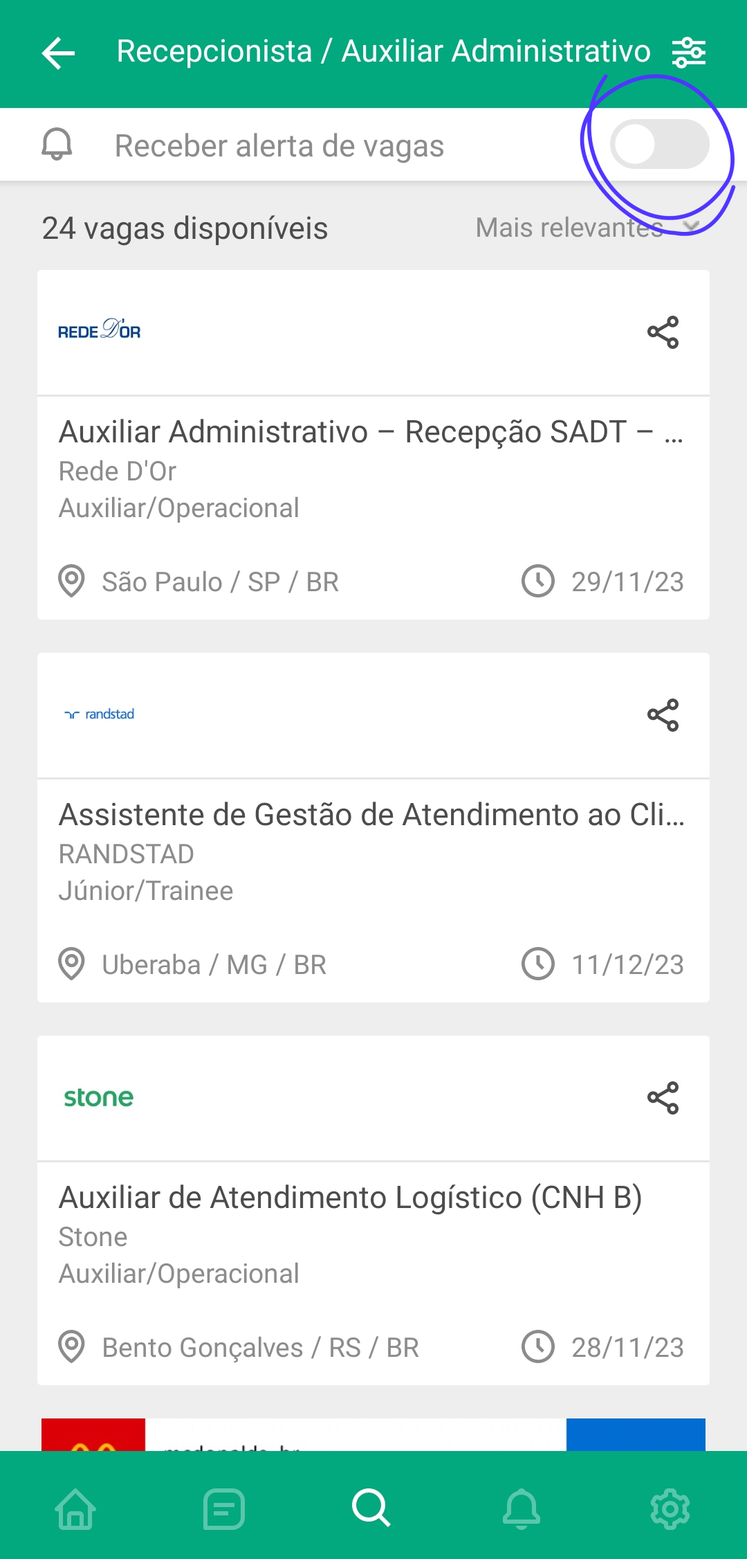 Receber Alertas App Vagas