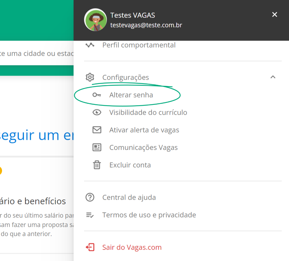 Menu Alterar Senha Vagas.com