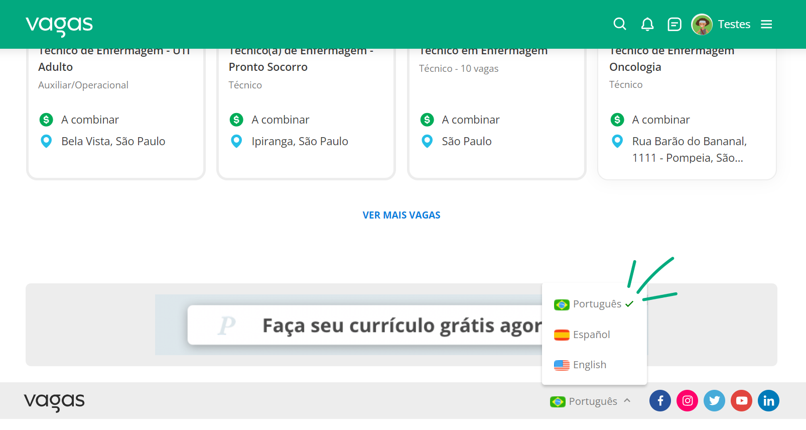 Alterar Idioma Vagas.com