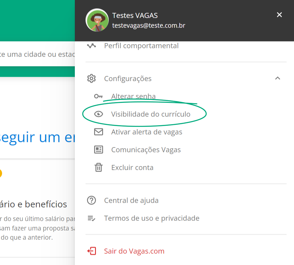 Menu Visibilidade do Currículo Vagas.com