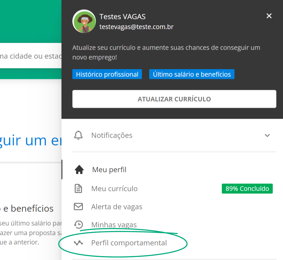 Menu Perfil Comportamental Vagas