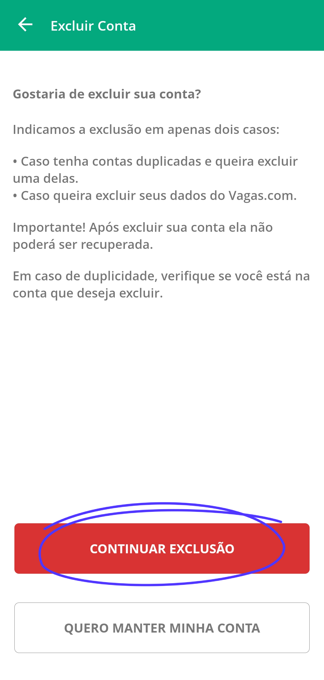 Continuar Exclusão App Vagas