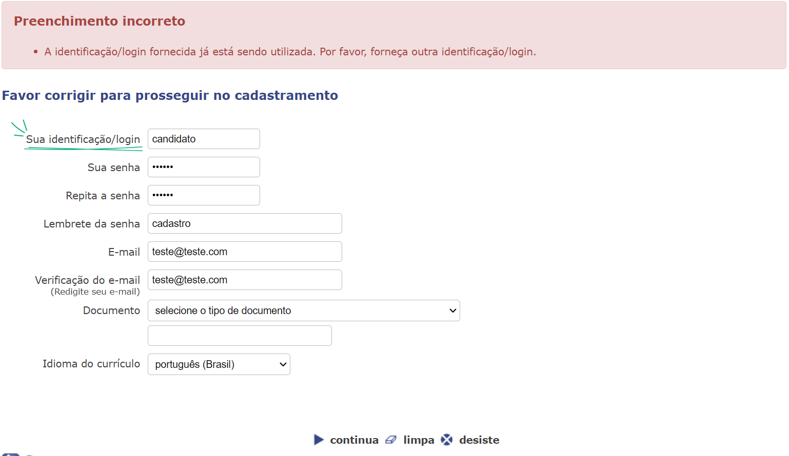 Identificação já existente Vagas